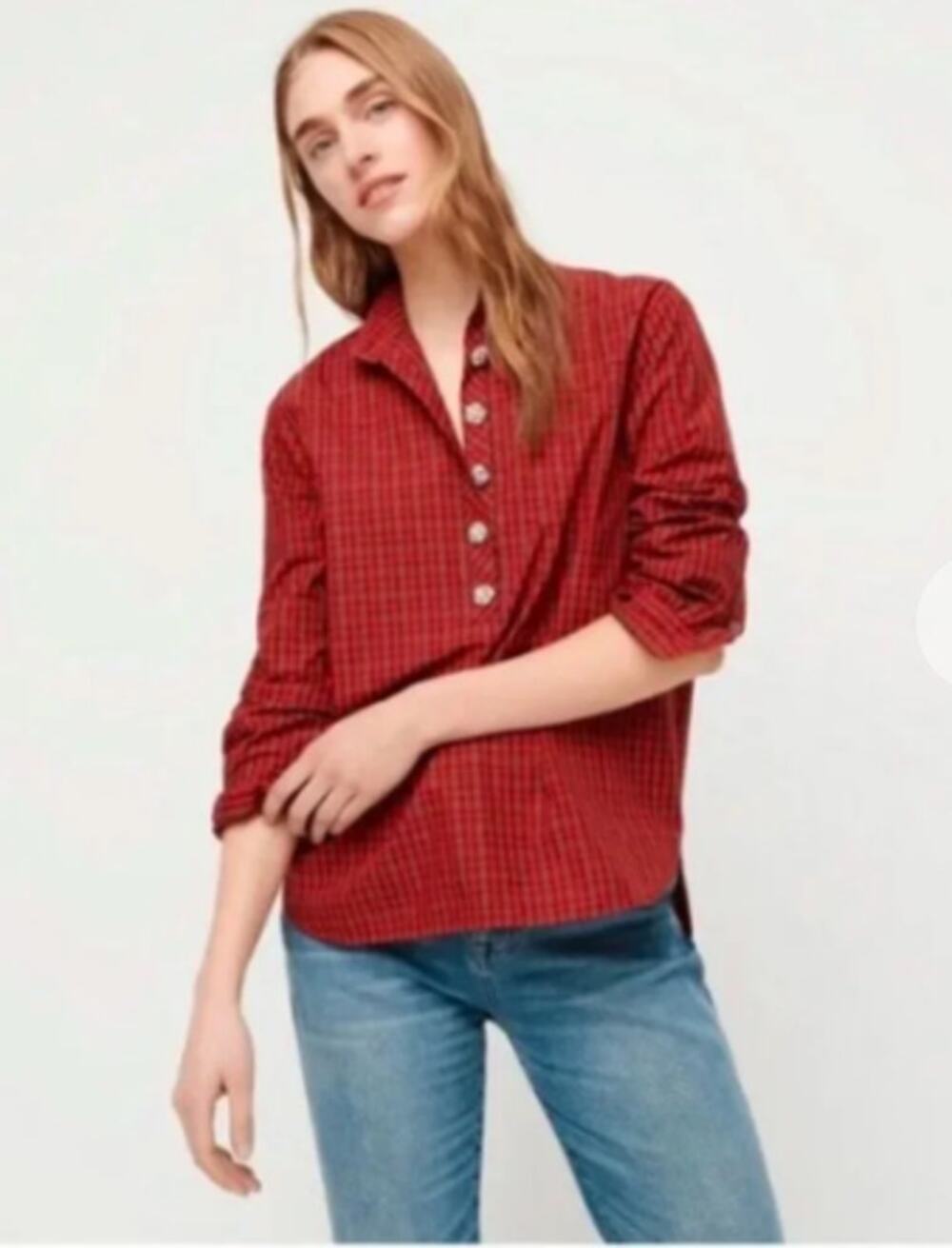 J. Crew Jeweled Button Popover Tunic in Red Checkered Plaid Size 2